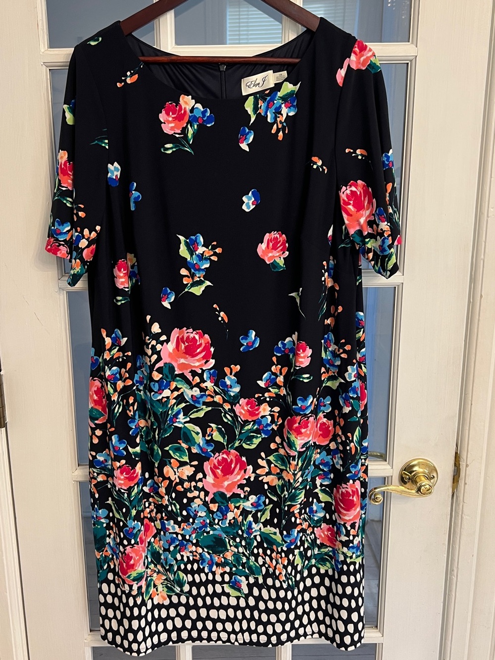 Eliza J Women’s Navy Floral Polka Dot Border Short Sleeve Shift Dress Size 16W